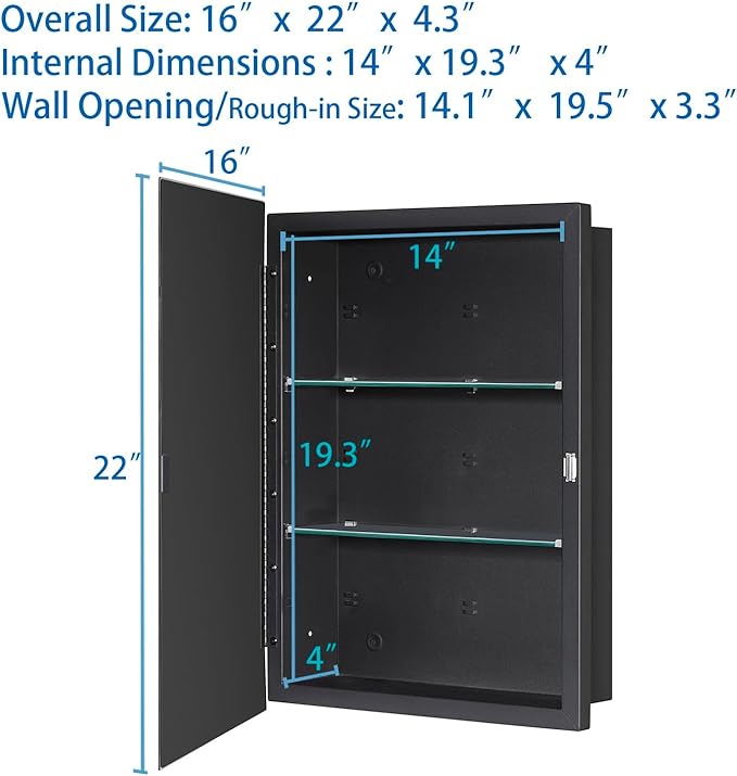 Black Bathroom Medicine Cabinet with Beveled Edge Mirrored Door 16 x 22 inch, Recessed or Surface Mount, with Adjustable Glass Shelves