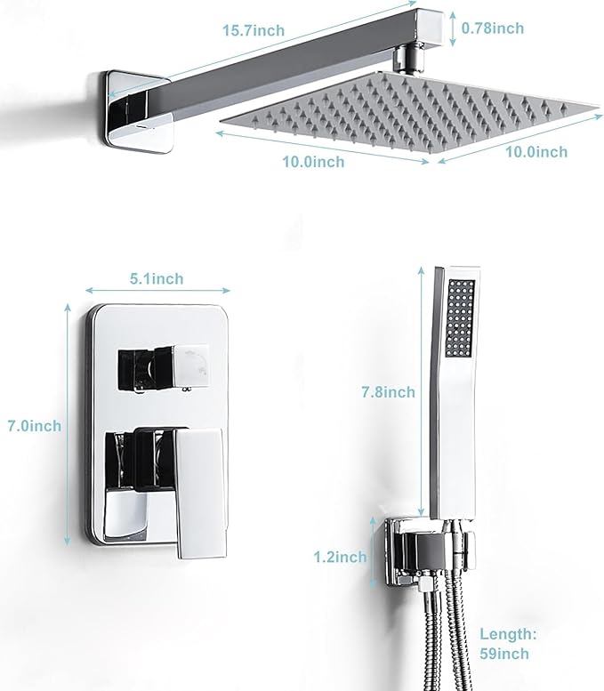 Chrome Shower System 10 Inch, Rain Shower Head with Handheld Spray, Luxury Rain Shower Set Square Wall Mount for Bathroom with Rain Shower and Handheld Shower System
