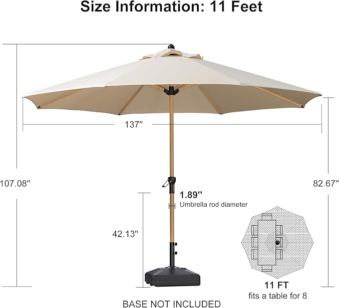 PURPLE LEAF 11 Feet Patio Umbrella Outdoor Table Umbrella Round Aluminum Market Umbrella with 8 Sturdy Ribs & Crank Commercial Outdoor Umbrellas for Garden Deck Patio, Beige