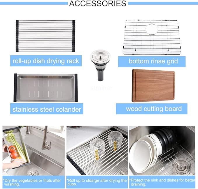 24 Inch Undermount Kitchen Sink Black 16 Gauge Stainless Steel Workstation Single Bowl Kitchen Sink Under Counter 10 Inch Deep Basin