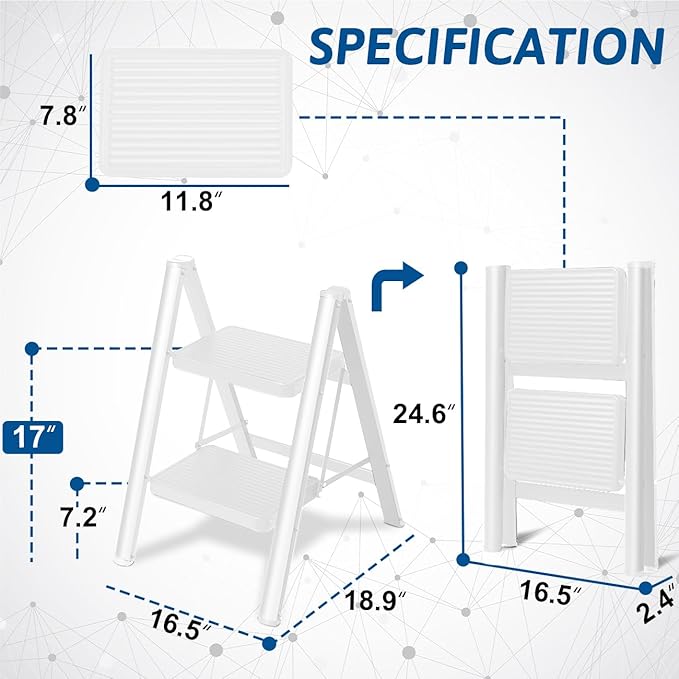 Double Elite Step Ladder 2 Step Folding, Sturdy 330 Lbs Load Step Stool for Adults, Safer Full Steel Kitchen Closet Ladder for Home, Multi-use Small Step Stool Ladder with Anti-Slip Wide Pedals, White