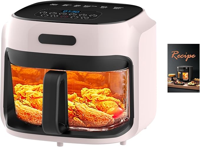 Glass Air Fryer, 7.6QT with Transparent Fry Bowl, Circulating Heating, Temperature Control, Air Fryer Roast, Dishwasher Safe (Rose Pink)