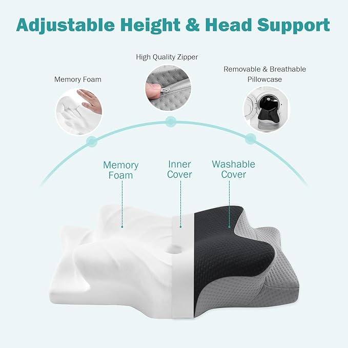 Hansleep Adjustable Cervical Pillow for Neck Pain, Ergonomic Memory Foam Neck Pillow for Sleeping with Breathable Pillowcase, Orthopedic Contour Neck Pillow for Side Back Stomach Sleeper, Grey