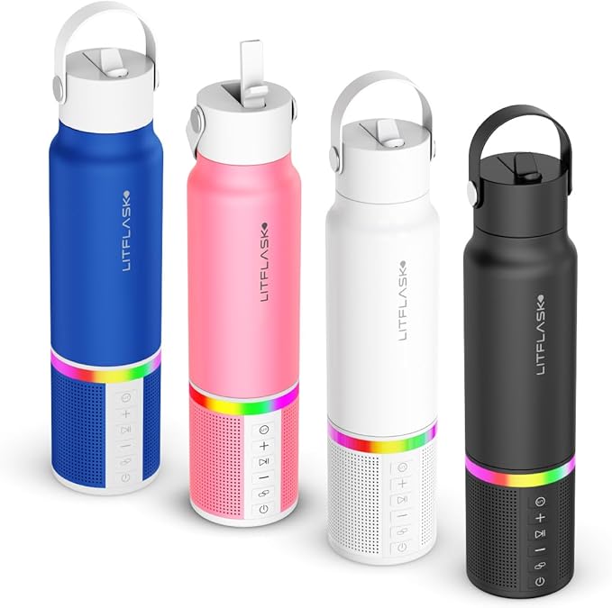 Smart Water Bottle with Premium Bluetooth Speaker, Portable Charger, LED Light, Hands-Free Mic, Insulated Stainless Steel, Straw Lid, BPA-Free, 20oz - Mix & Match Colorways