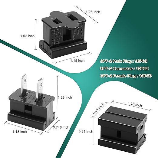 SPT-2 Vampire Plug, Extension Cord Connector Combo Kit, SPT-2 Cable Christmas Lighting String Extension Cord Replacement Splice Sliding Plug (10 Each of Male/Female and Connector Plugs, Black)