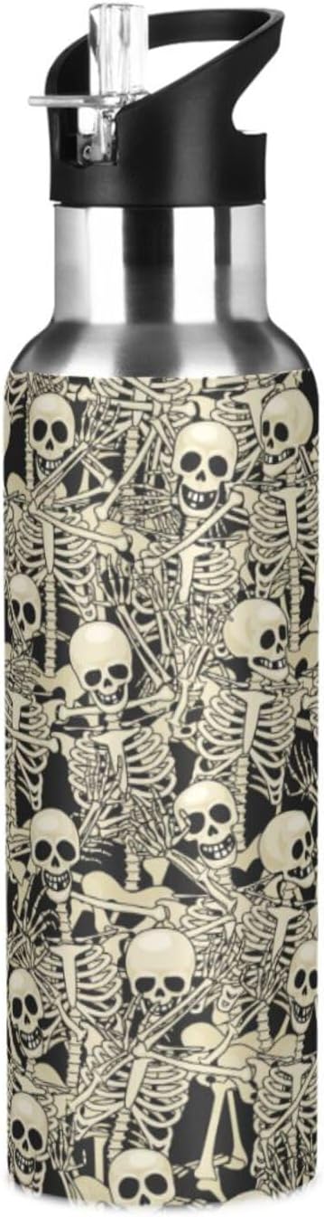 ALAZA Gothic Skull Skeleton Water Bottle With Straw Lids Boys Girls,Vacuum Insulated Leakproof Stainless-Steel Sports Bottle Thermal Flask For Gym Yoga Camping,34Oz (1000Ml)