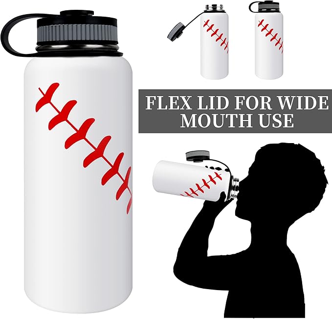 40oz Wide Mouth Baseball Water Bottle with Two Lids(Straw, Handle Lid), 18/8 Stainless Steel Vacuum Insulated for Travel & Sport Cup. (Baseball White, 40oz)