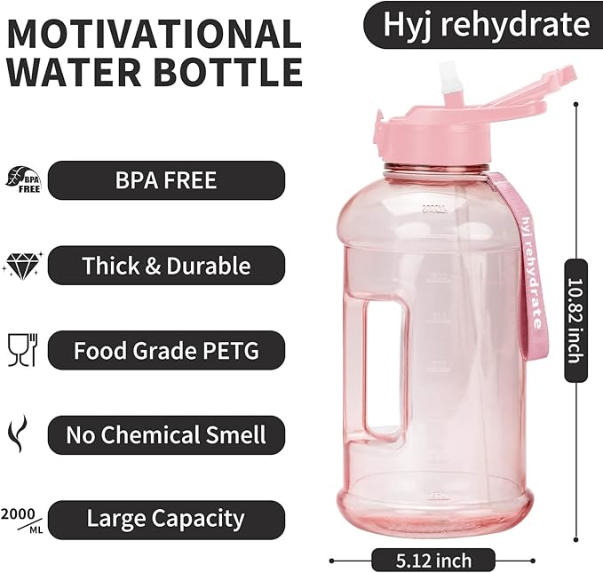 2.2L Half Gallon Water Bottle with Storage Sleeve and Covered Straw Lid -BPA Free Reusable Large Water Jug with Handle-Big Sports Water Bottle 2.2 Liter (74 Ounce),pink