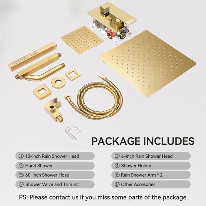 Brushed Gold Shower System, STARBATH Ceiling Mount Shower Set 12+6'' Wall Mount Rainfall Showerhead with Handheld 2 Functions High-Pressure Spray, Dual Rain Shower Faucet Set with Valve Complete