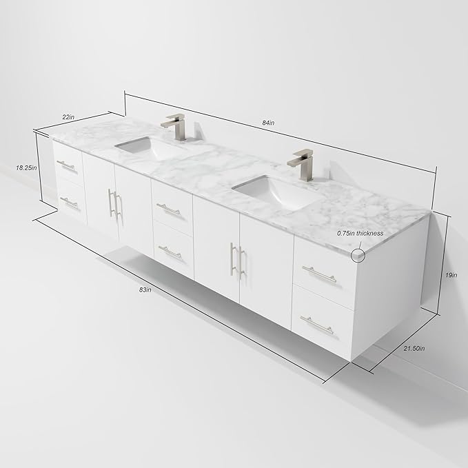 Sonoma 84 in. W x 22 in. D Glossy White Double Bath Vanity and Carrara Marble Top