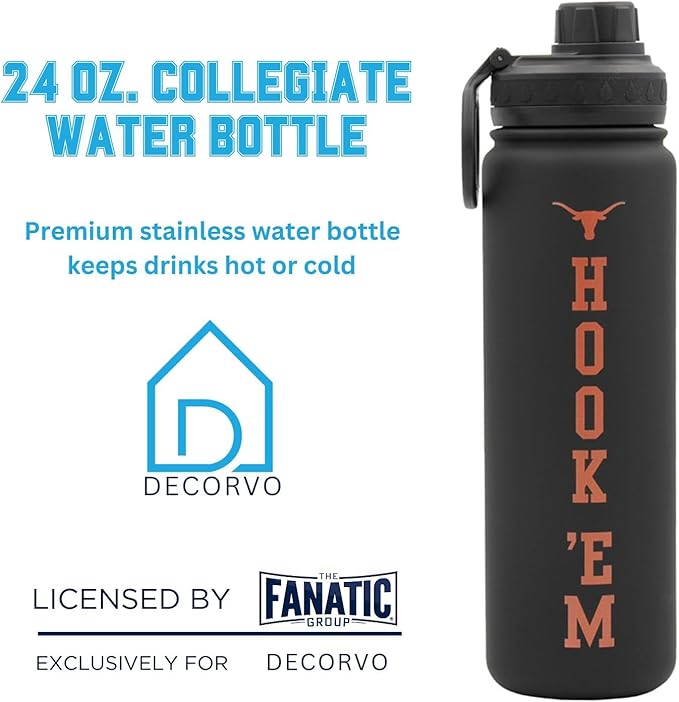 Texas Hook Em Water Bottle - Black Double Walled Stainless Steel 24 oz Keeps Drinks Cold or Hot