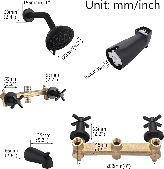 2 Handles Shower Faucet Set with Tub Spout Bathtub Shower Faucet Combo Set Shower System Complete Tub and Shower Trim Kit Wall Mounted Shower Fixtures Matte Black