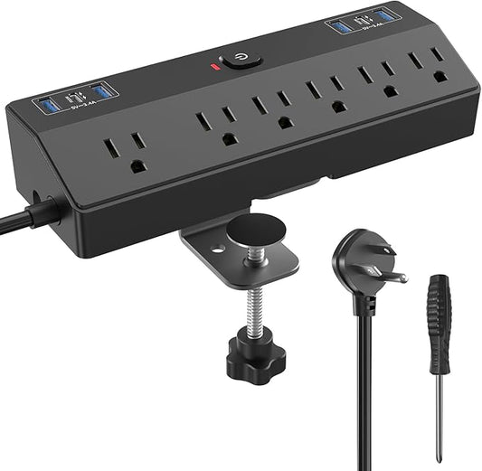 Desk Clamp Power Strip 2 USB C Desktop Mount Outlet Charging Station, 10FT Extension Cord Flat Plug with 6 AC, Removable 40W Fast Charging Surge Protector Power Strip Fits 1.8" Office Tabletop Edge