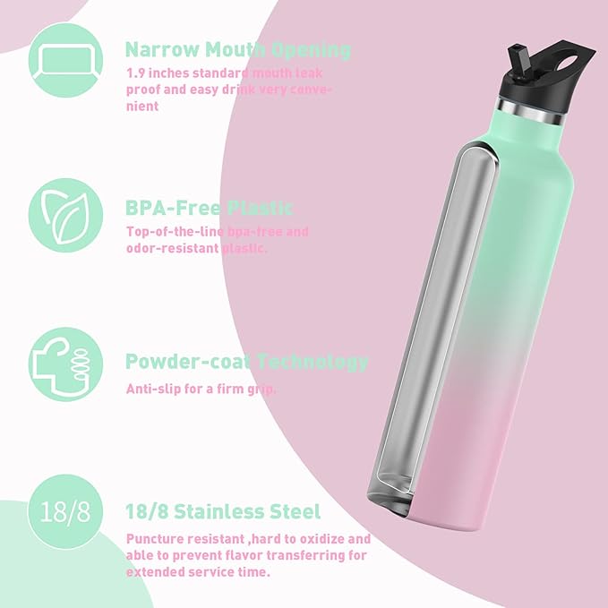 Stainless Steel Water Bottle with Straw - Insulated Water Bottle for Sports, Gym, School, Commute, Adults/Kids - Keep Cold for up to 24 Hours - Sweat/Leak-proof - 2 Lids - BPA Free