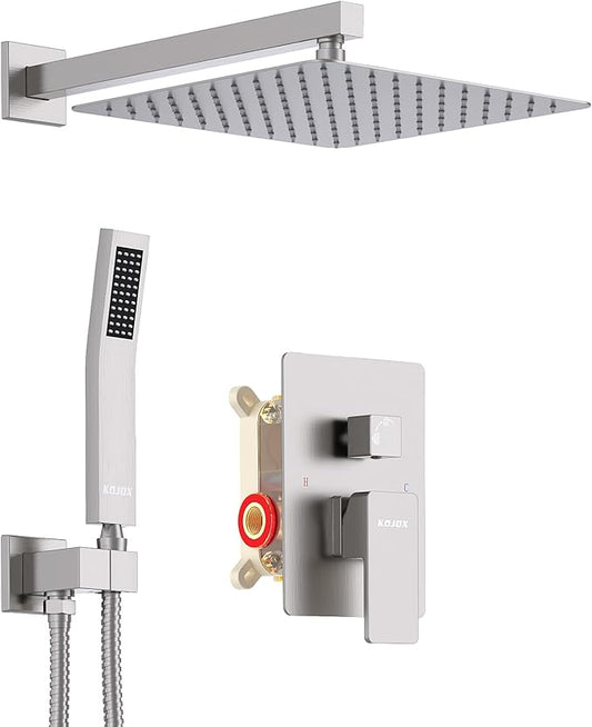 KOJOX Shower System with High Pressure 10 Inch Rainfall Shower Head, Handheld Shower head and Shower Faucet Trim valve, Bathroom Luxury Rain Mixer Shower Set Wall Mounted Brushed Nickel