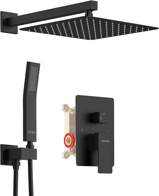 KOJOX Shower System with High Pressure 10'' Rainfall Shower Head, Handheld Shower head and Shower Faucet Trim valve, Bathroom Luxury Rain Mixer Shower Combo Set Wall Mounted Matte Black