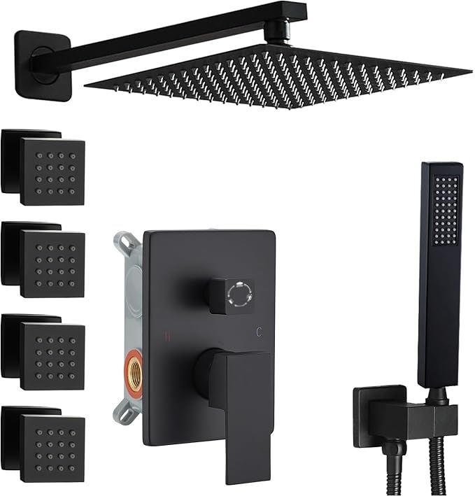 Matte Black Shower Faucet Set with Body Jets 10 Inch Matte Black Shower Head Handheld Shower Combo Set High Pressure Wall Mount with Rough-in Valve
