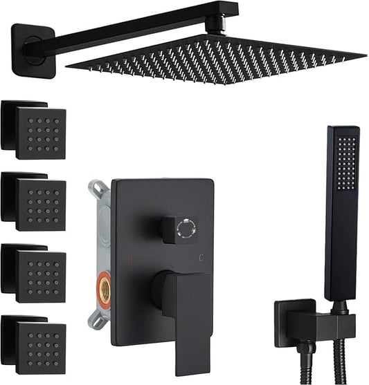Matte Black Shower Faucet Set with Body Jets 10 Inch Matte Black Shower Head Handheld Shower Combo Set High Pressure Wall Mount with Rough-in Valve