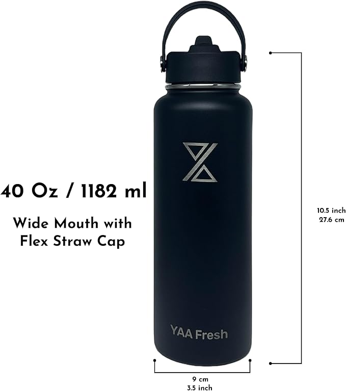 Yaa Fresh 40Oz BPA-Free 24 Hr Cold/12 Hr Hot Insulated Stainless Steel Sports Water Bottle with Straw and Lid, Food-grade Double Walled, Leakproof, Insulated Thermos, Wide Mouth for Men, Women & Kids