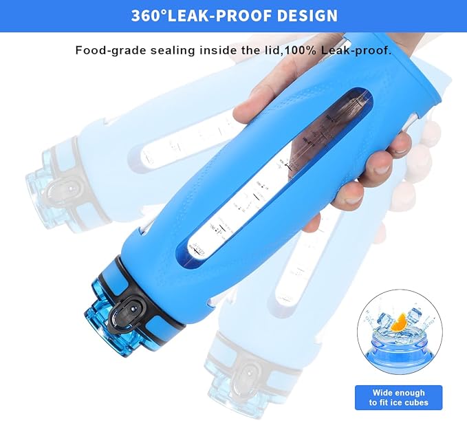 GOPPUS Glass Water Bottles with Straw and Flip Lid, Motivational Water Bottles with Time Marker Reminder and Silicone Sleeve, Leakproof, BPA Free (32 oz, Blue)