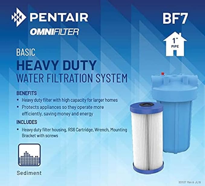 Pentair OMNIFilter BF7 Water Filtration System, 10" Basic Whole House Heavy Duty Filtration System, Includes 10" Blue Heavy Duty Housing, RS6 Sediment Reduction Cartridge and All Tools, 3 Piece Set