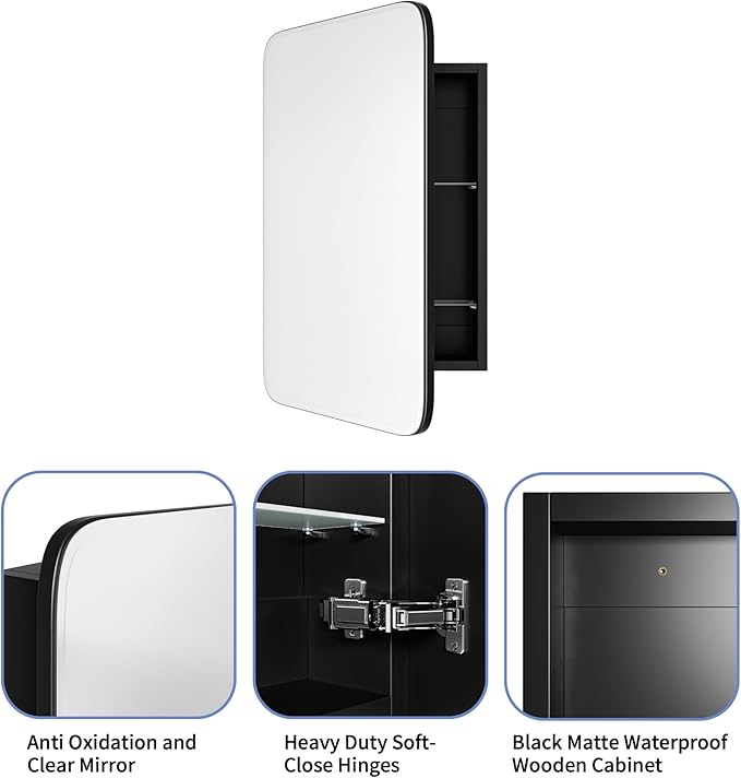 Vintage-Style Bathroom Wood Black Cabinet with 16.5''x24'' Curved Mirror, Recessed Medicine Cabinet, Bathroom Storage Cabinet