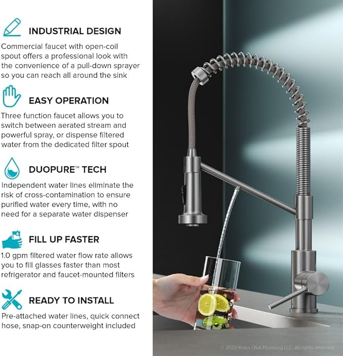 KRAUS Bolden 2-in-1 Commercial Style Pull-Down Single Handle Water Filter Kitchen Faucet for Reverse Osmosis or Water Filtration System in Brushed Brass/Matte Black, KFF-1610BBMB