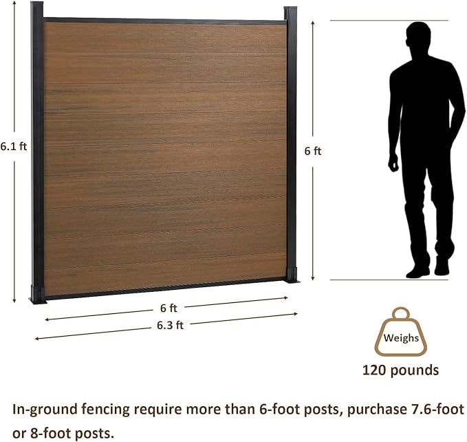 6x6 FT Wood Composite Privacy Fence Panel, Outdoor AC Unit Cover, Pool Equipment Screen, Trash Can Barrier | Weatherproof, Easy Installation, Durable Composite Fencing (Brown with 1 Post)