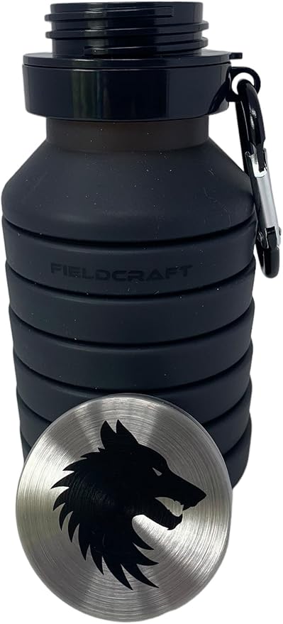 FIELDCRAFT Collapsible Silicone Water Bottle, BPA Free, Foldable, Leak Proof with Carabiner, Black (Black)