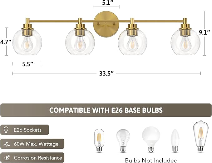 VONLUCE Bathroom Light Fixtures, 4-Light Vanity Light with Globe Glass Shades E26 Sockets, Bathroom Lights Over Mirror for Bedroom Hallway Living Room, Gold Finish