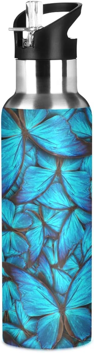 Blueangle Blue Butterfly Water Bottle with Straw Lid for Fitness Gym Camping Outdoor Sports, Wide Mouth Vacuum Insulated 18/8 Stainless Steel, 22 oz