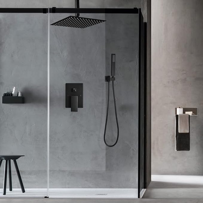 12 Inch Ceiling Mount Matte Black Shower System Bathroom Luxury Rain Mixer Shower Combo Set Ceiling Rainfall Shower Head System (Contain Shower Faucet Rough-in Valve Body and Trim)
