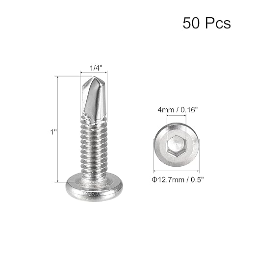 uxcell Hex Socket Self Tapping Screws, 1/4 x 1 410 Stainless Steel Sheet Metal Flat Head Drilling Screw 50pcs, Silver