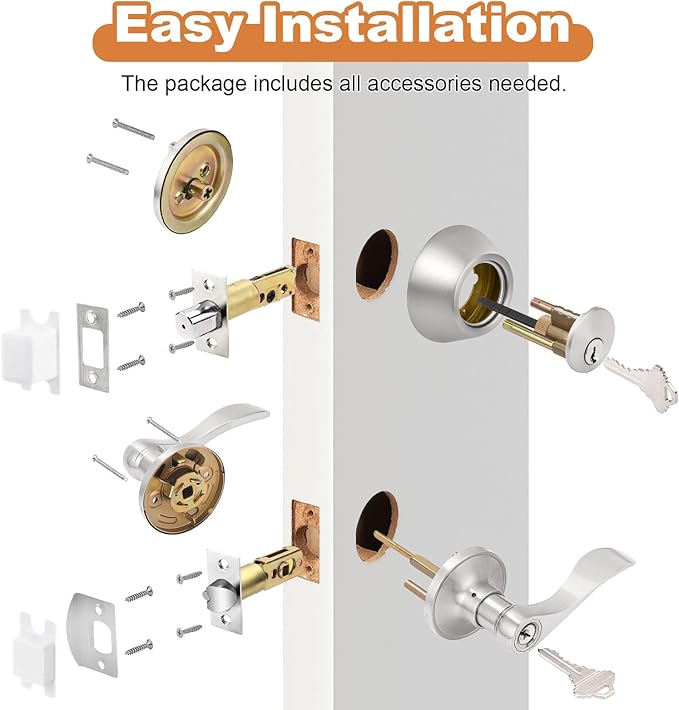 Probrico 4 Set of Satin Nickel Exterior Entry Lever and Single Cylinder Deadbolt,Keyed Alike Combo Pack, Keyed Handleset Lockset Exterior(for Front Door and Outside Gate)