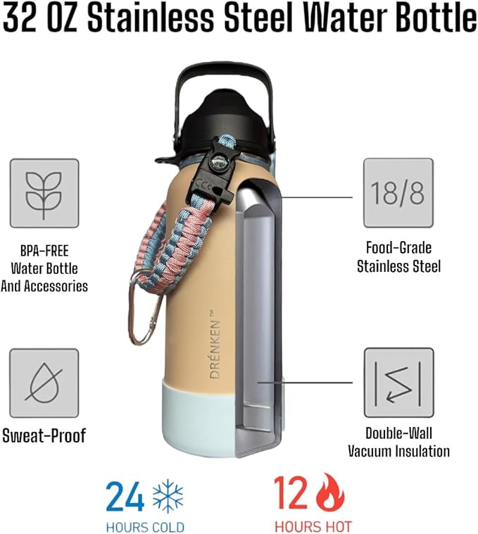 Water Bottle, Insulated water bottle, Stainless steel water bottle for kids men women Sports water bottle 32 oz Water bottle with straw Insulated Flask (Nude)