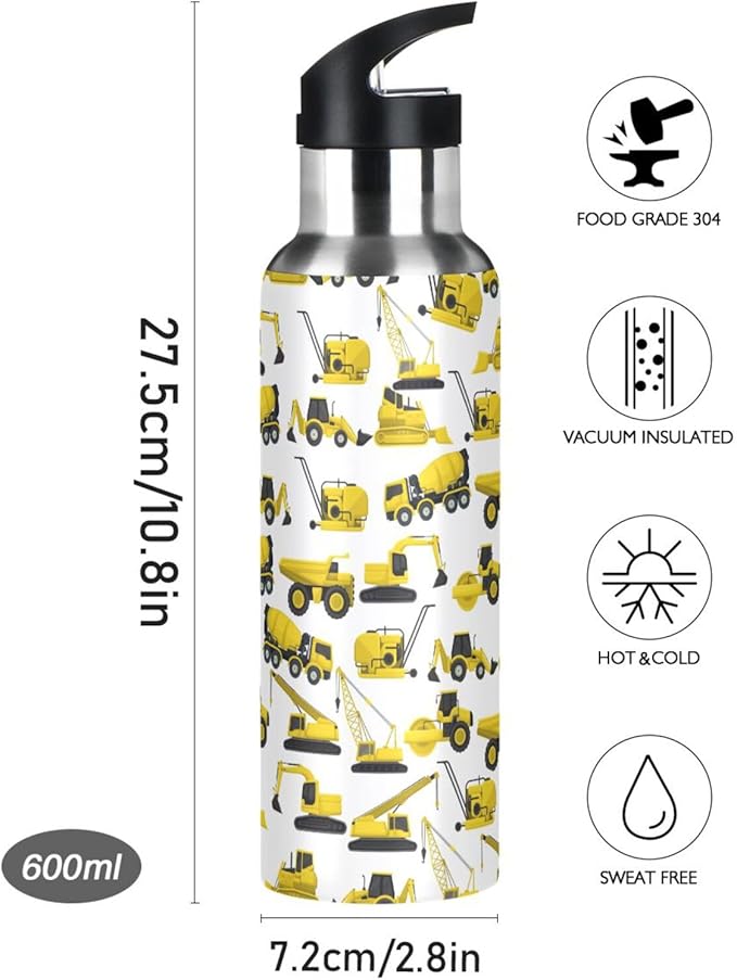 Construction Truck Excavator Bulldozer Stainless Steel Water Bottle with Straw Lid - 20 Oz Sports Insulated Water Bottle Thermos for Sport Gym Outdoor Travel School (DZ005)