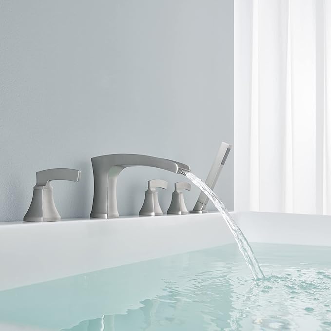 Roman Tub Faucet Waterfall Deck Mount Tub Filler Brushed Nickel Bathtub Faucets 5 Hole Brass Bathroom Faucets with Hand Shower