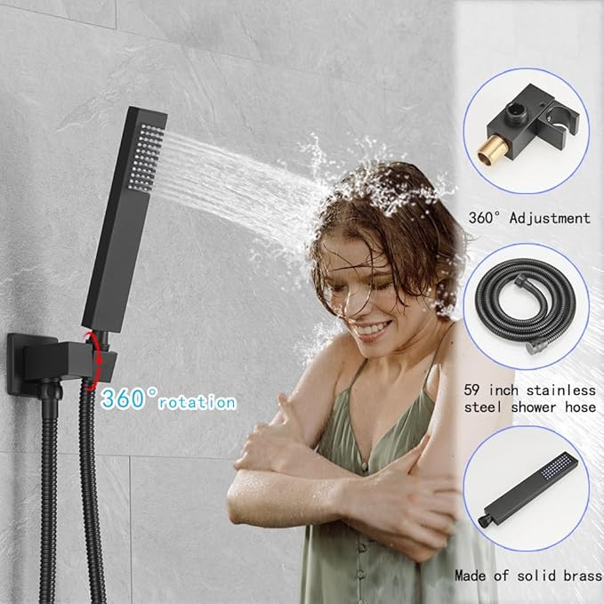 Matte Black Shower System, 8 Inch High Pressure Rain Shower with Handheld, Wall Mount Shower Faucet Set for Bathroom, Rough-in Valve Body and Trim Included