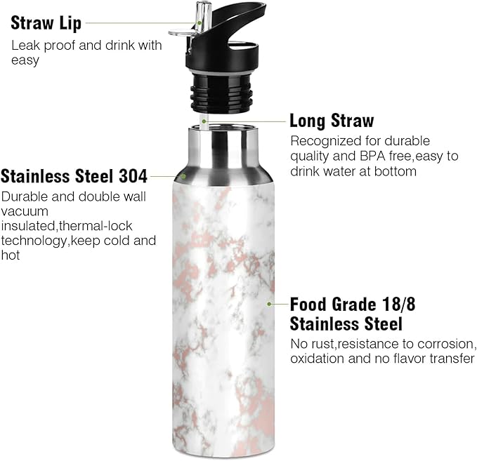 xigua Rose Gold Marble Water Bottle, BPA Free Stainless Steel Water Bottle Leak-Proof Sports Bottle for Camping Workouts Gym and Outdoor Activity, 22oz