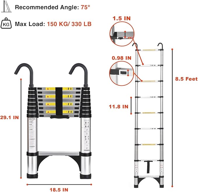 Telescoping Ladder, 8.5 FT Aluminum Lightweight Extension Ladder with 2 Stable Hooks, 2 Triangle Stabilizers & Non-Slip Feet, Heavy Duty 330 Lbs Max Capacity, Ideal for Home, RV & Outdoor Work