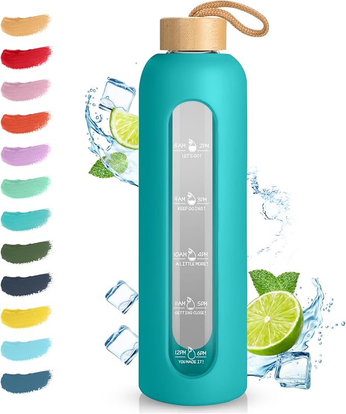 Sursip 32 oz Glass Water Bottle with Time Marker,1 Liter BPA-Free Reusable Motivational Water Bottle with Non-Slip Silicone Sleeve and Bamboo Lid, Ice Cube Tray, Leak-Proof, Dishwasher Safe