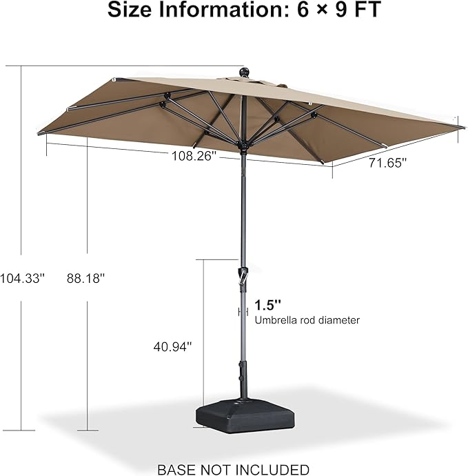 PURPLE LEAF 9' x 6' Rectangular Patio Umbrella Outdoor Table Umbrella Aluminum Frame Market Umbrella Sun Umbrella with 8 Sturdy Ribs Tilt for Garden Deck Lawn Pool Taupe