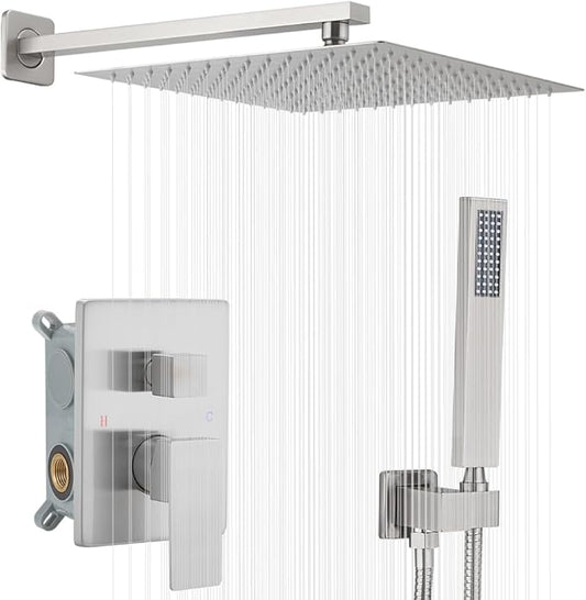 Shower Faucet Set 16 Inch Wall Mount Rain Shower System, All Metal Shower Fixtures - Brushed Nickel