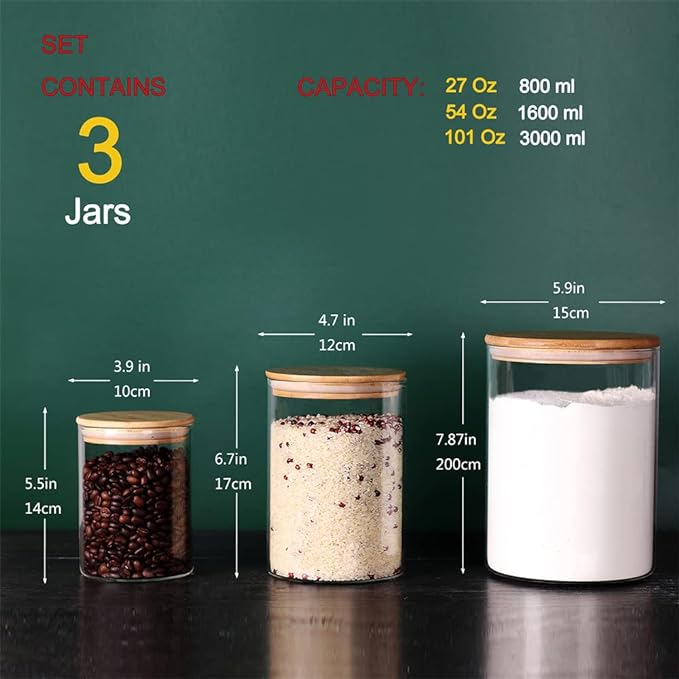 Glass Flour and Sugar Containers, Set of 3 Large Glass Flour Canister with Airtight Lids, Pantry Storage Containers for Suger, Rice, Salt (100 OZ/54 OZ/27 OZ)