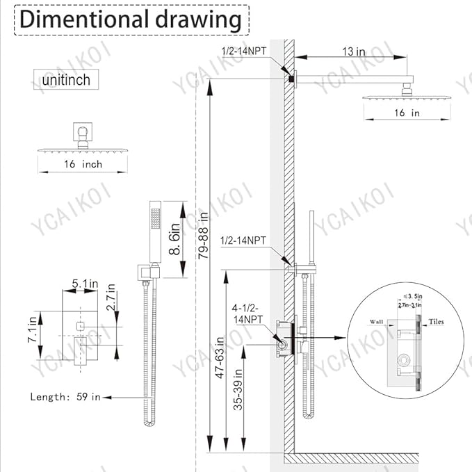 Shower Faucet Set 16 Inch Wall Mount Rain Shower System, All Metal Shower Fixtures - Matte Black