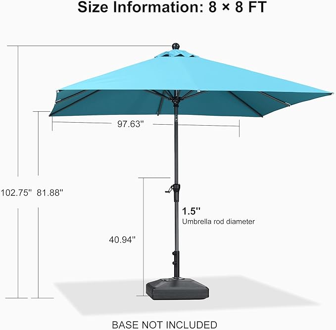 PURPLE LEAF 8' x 8' Square Patio Umbrella Outdoor Table Umbrella Aluminum Frame Market Umbrella Sun Umbrella with 8 Sturdy Ribs Tilt for Garden Deck Lawn Pool Light Turquoise Blue