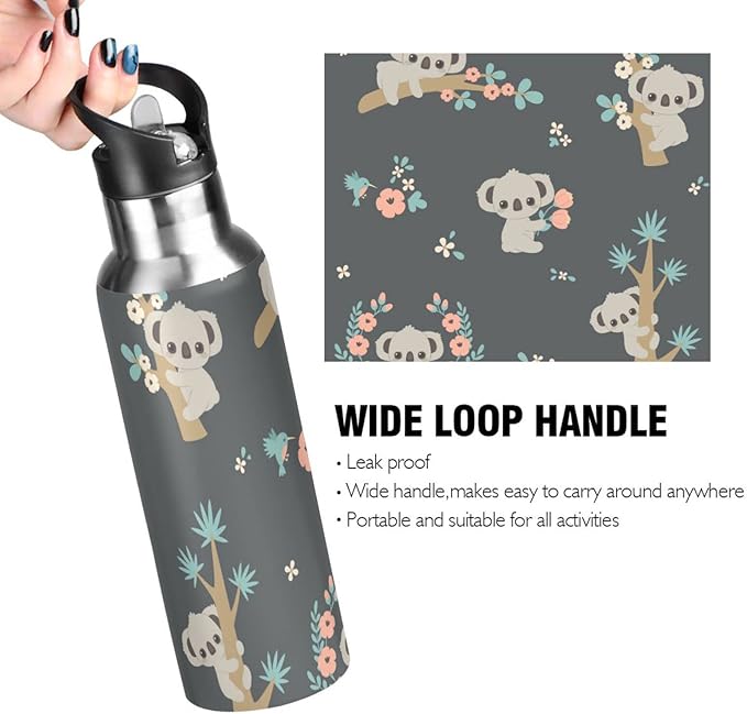 senya 34 Oz Water Bottle with Straw Koala and Flowers Stainless Steel Water Bottle for Traveling Sports Leakproof Insulated Water Bottle