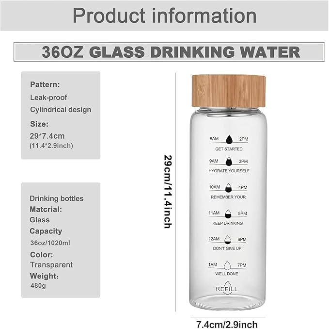 36oz Glass Water Bottle with Time Marker, Leak-Proof,With stainless steel tea strainer, BPA-Free Reusable Hot and Cold Beverages for Office, Gym, Travel