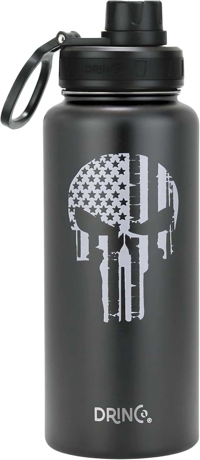 DRINCO Stainless Steel Water Bottle Spout Lid Vacuum Insulated Double Wall Water Bottle USA Flag Military Veteran (32oz Skull Black, 32oz)