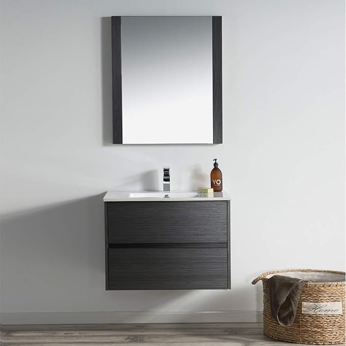 Blossom Single Bathroom Vanity with Ceramic Sink and Mirror | All Wood Floating Vanity Cabinet | 2 Soft-Closing U-Shaped Cutout Drawers | 30" w/Ceramic Sink and Mirror, Silver Grey